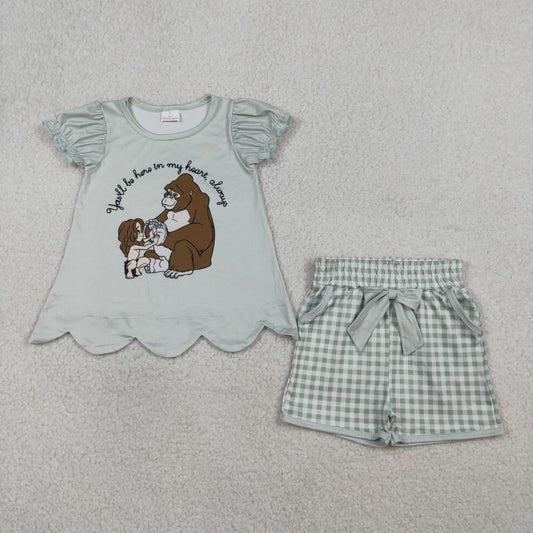 GSSO2906 Cartoon Island Princess Short Sleeve Checkered Shorts Girls Set