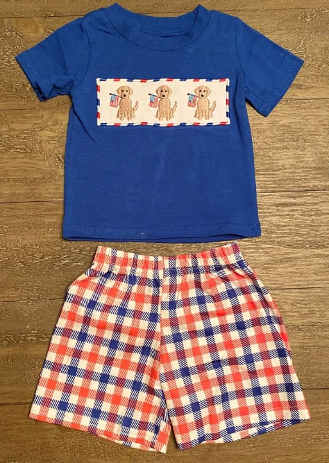 preorder BSSO0437 July 4th Dog Flag Blue Short Sleeve Red Blue Checkered Shorts Boys Set