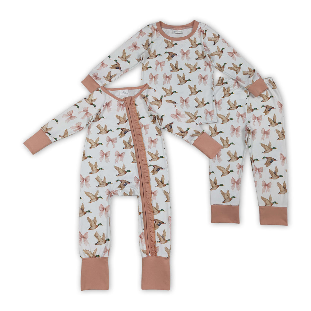 mallard duck pink bows romper/pajamas RTS Sibling Clothes