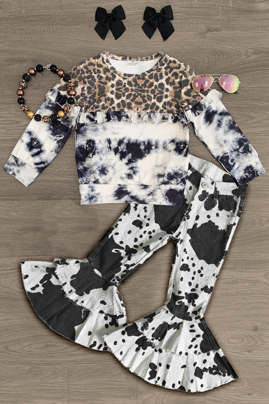 preorder Leopard Ink Pattern Long Sleeve Ink Pattern Denim Pants Girls Set