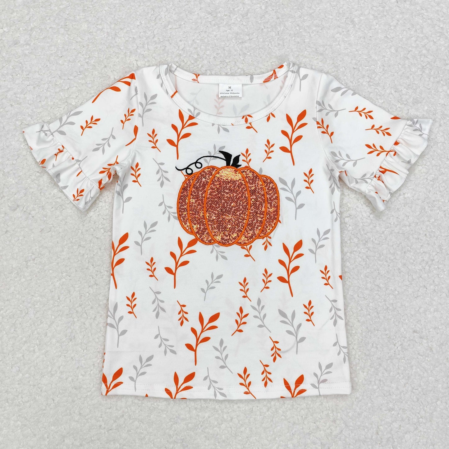 GT0824 orange sequin pumpkin short sleeve girls top