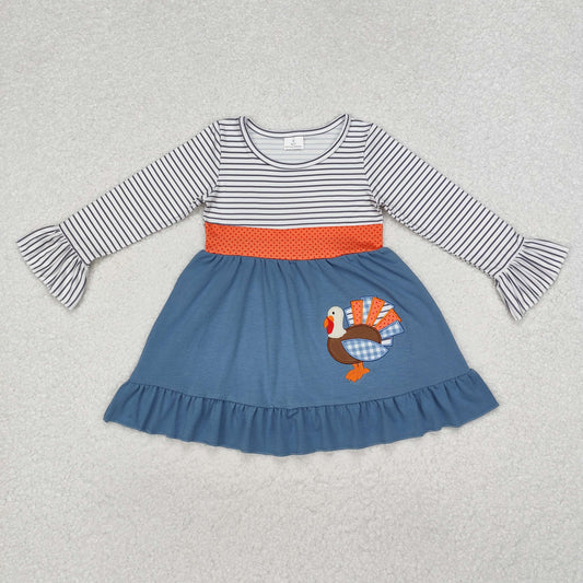 embroidery GLD0731 Thanksgiving turkey blue black striped long sleeve girls dress