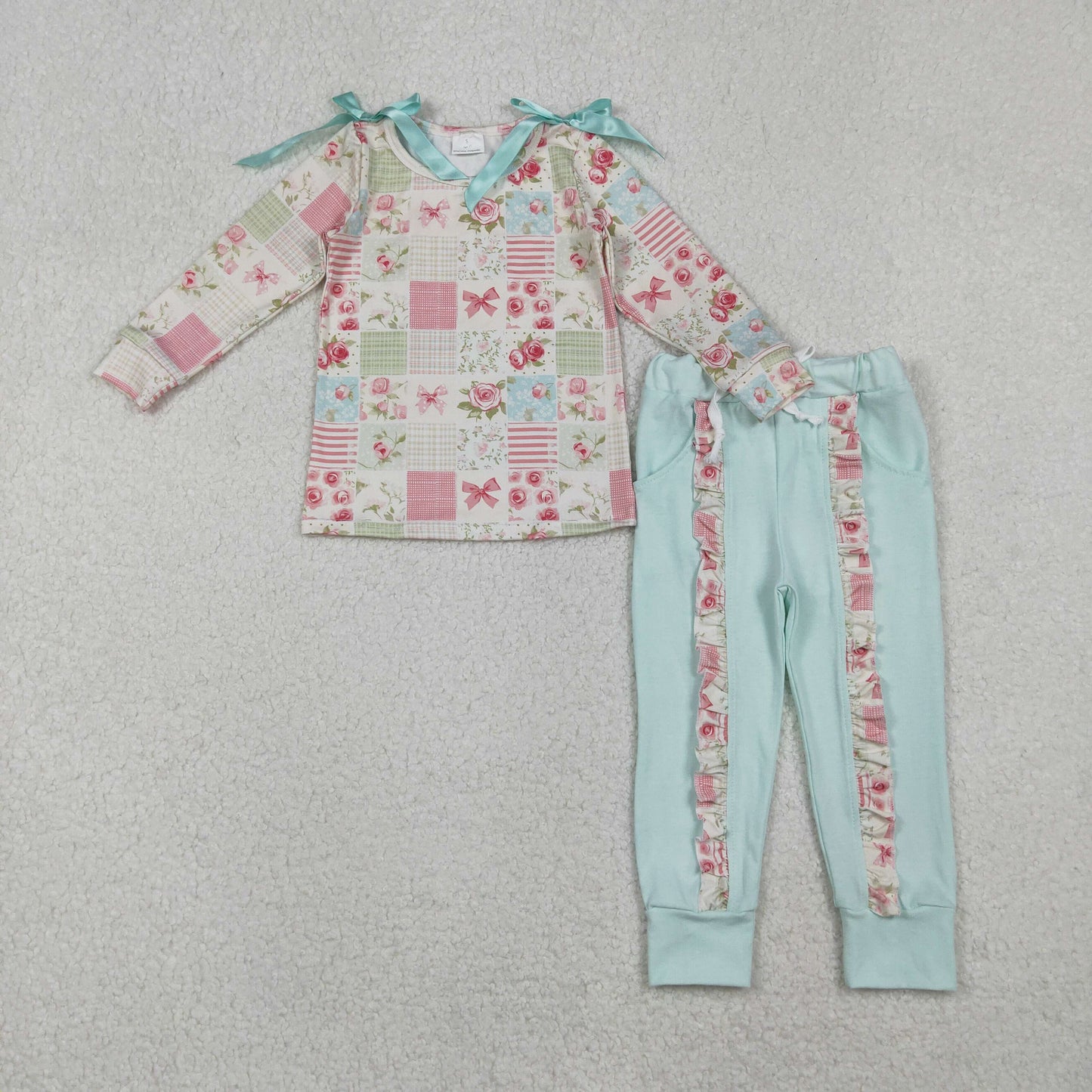 GLP2551 pink flowers bows long sleeve ruffles pants girls set