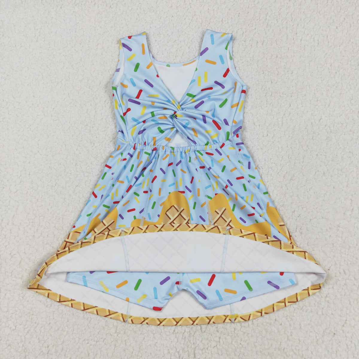 GSD2415 yoga ice sky blue sleeveless with shorts girls twril bow dress