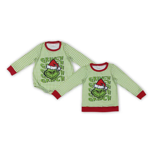 Christmas green face top/romper RTS sibling clothes