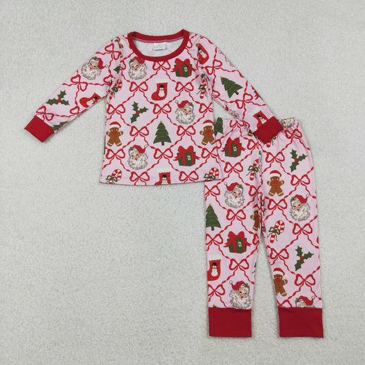 GLP2807 Christmas Santa bows gift cane candy pink long sleeve pants girls pajamas