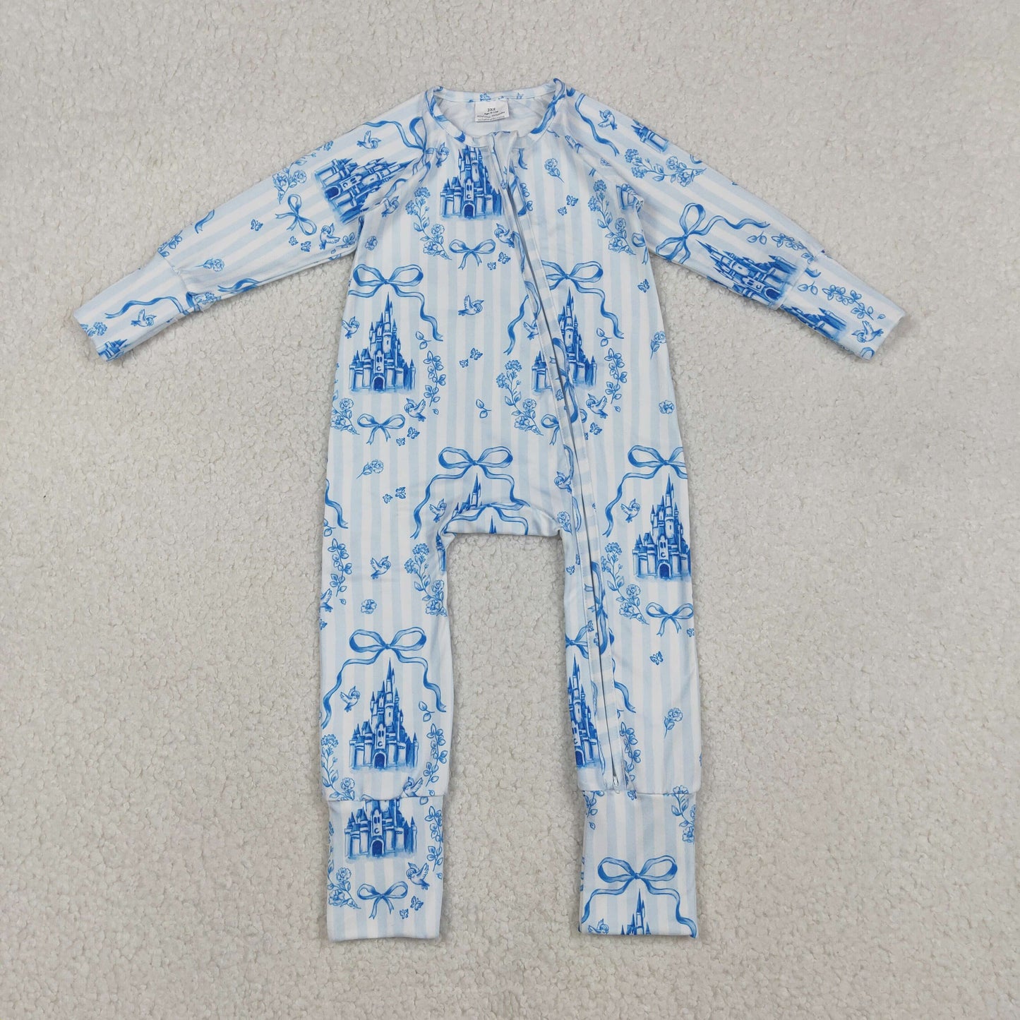LR2661 cartoon castle bows blue zipper long sleeve girls romper