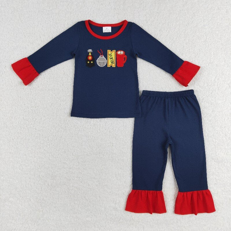 GLP1281 Christmas bell train navy blue long sleeve pants girls pajamas