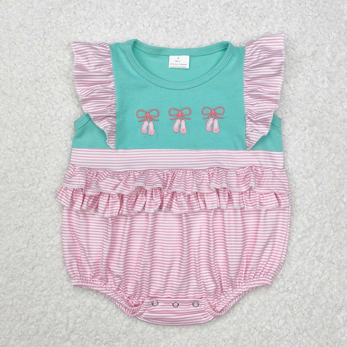 embroidery SR2326 cartoon dance shoe green pink striped flutter sleeve girls romper