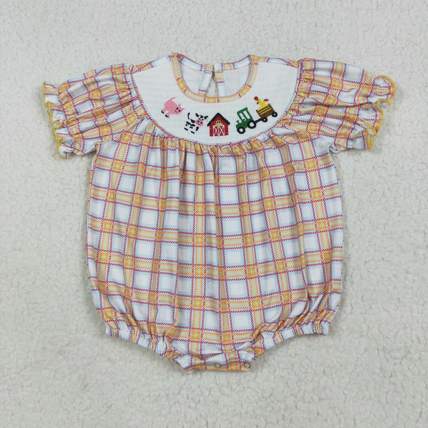 smocked embrodiery SR2982 farm pig cow animals tractor khaki checkered short sleeve girls romper