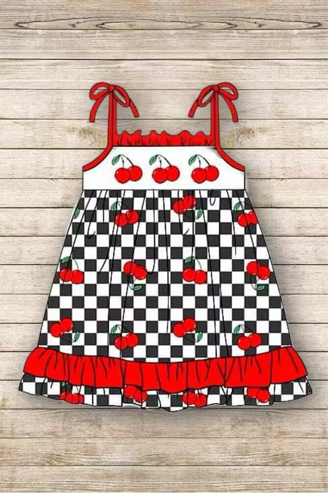 custom style red cherry black checkered lace-up girls dress