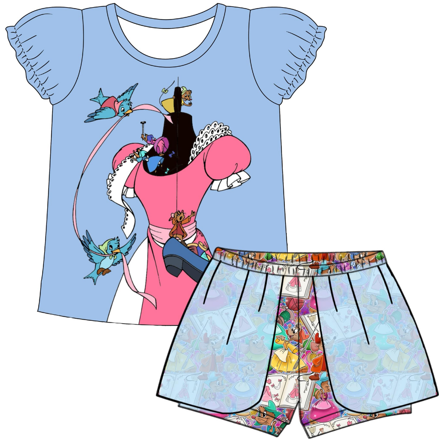 custom style cartoon dress blue short sleeve shorts girls set tat 6-8 weeks