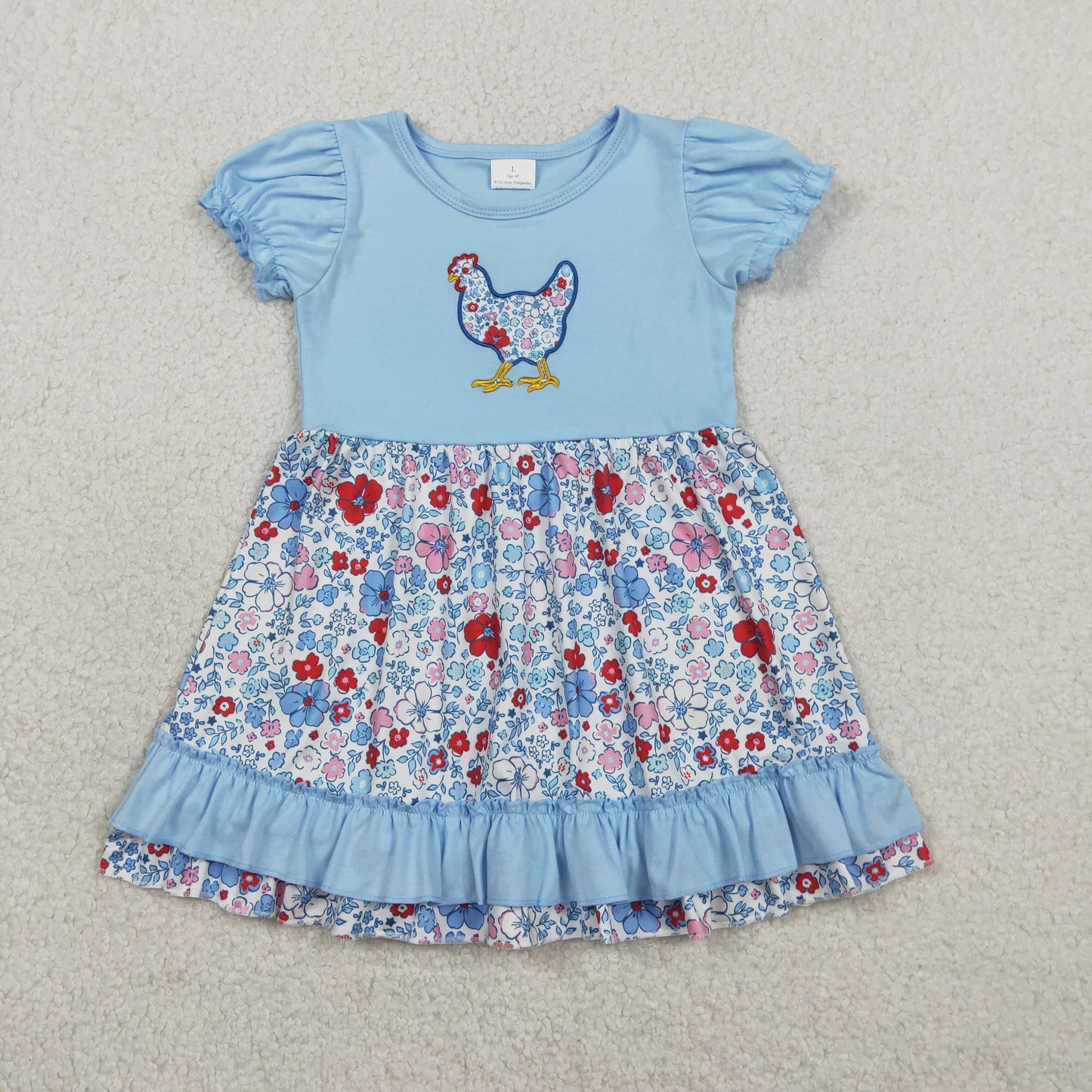 Embroidery GSD3418 Chick Flowers Blue Short Sleeve Girls  Dress
