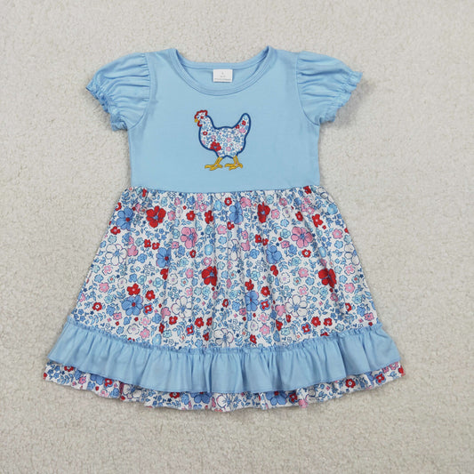 Embroidery GSD3418 Chick Flowers Blue Short Sleeve Girls  Dress