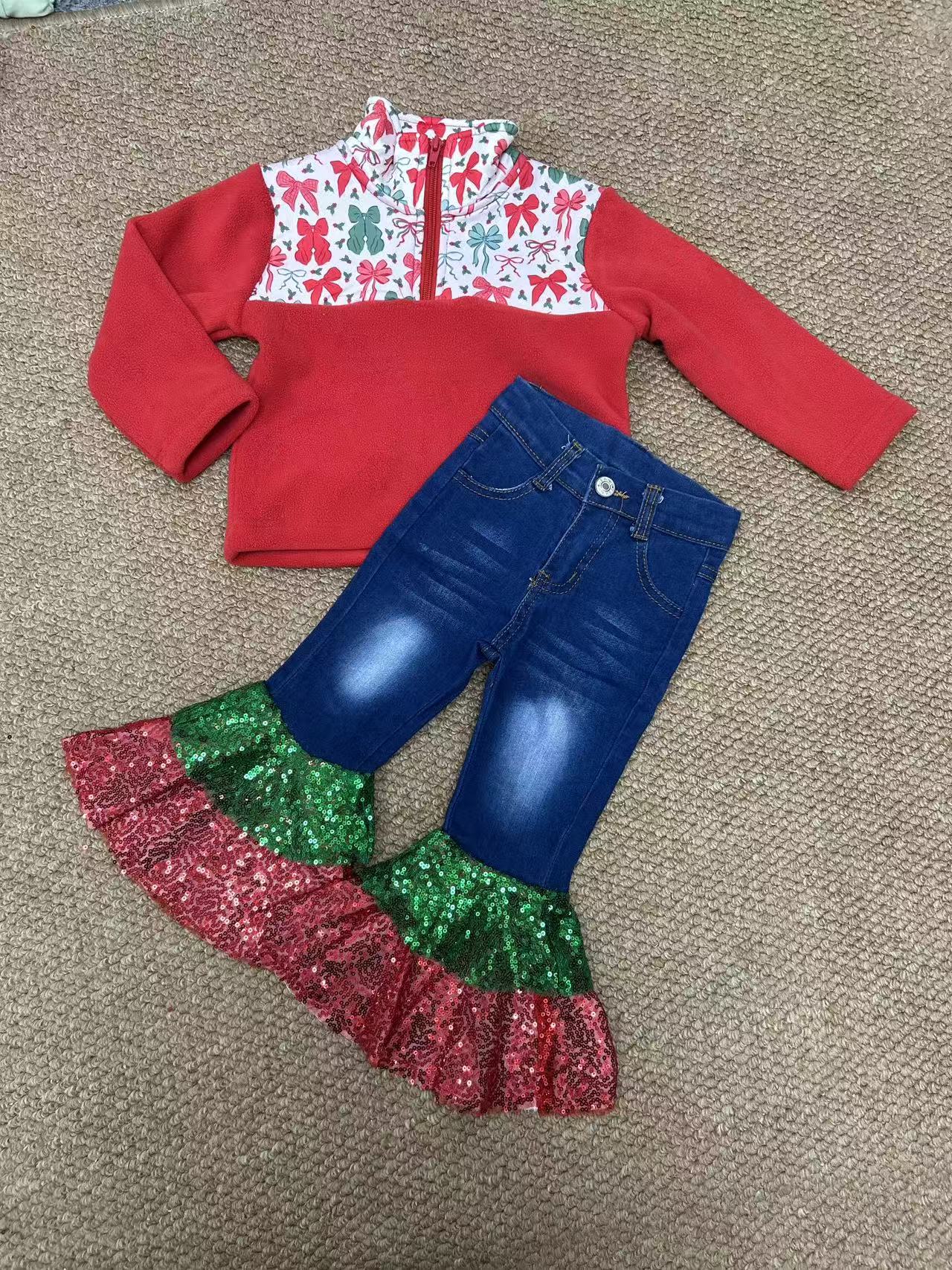 sherpa Christmas bows zipper long sleeve sequin pants girls set RTS Sibling Clothes