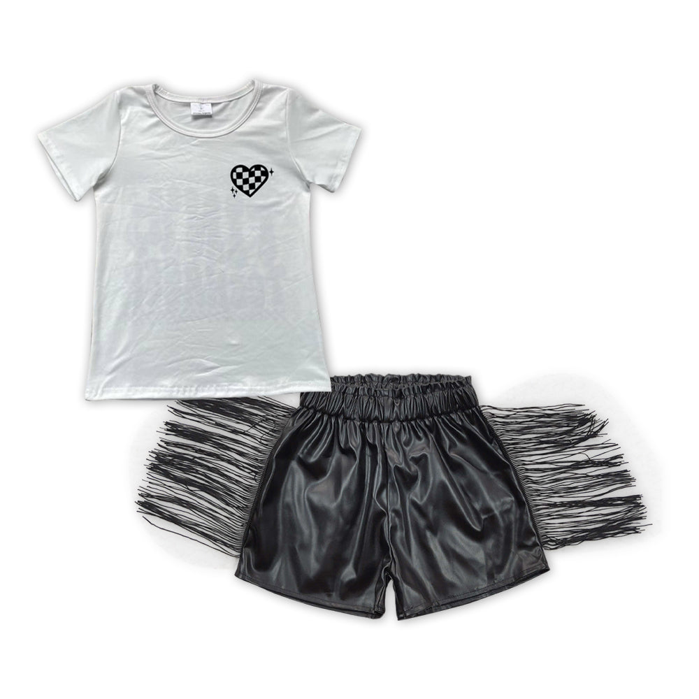 preorder GSSO1419 Tiny teenager heart short sleeve black tassels leather shorts girls set