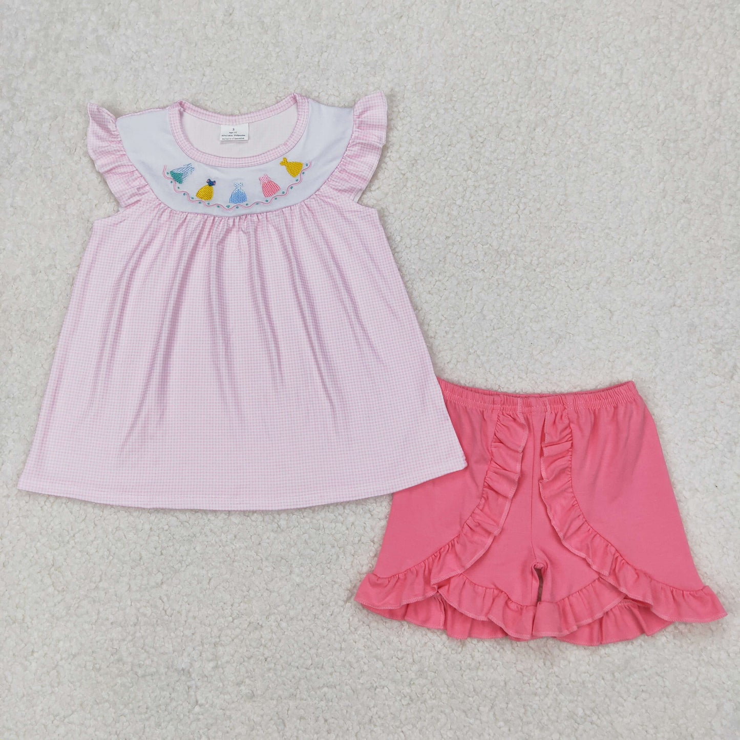 embroidery GSSO2125 cartoon princess pink flutter sleeve pink shorts girls set
