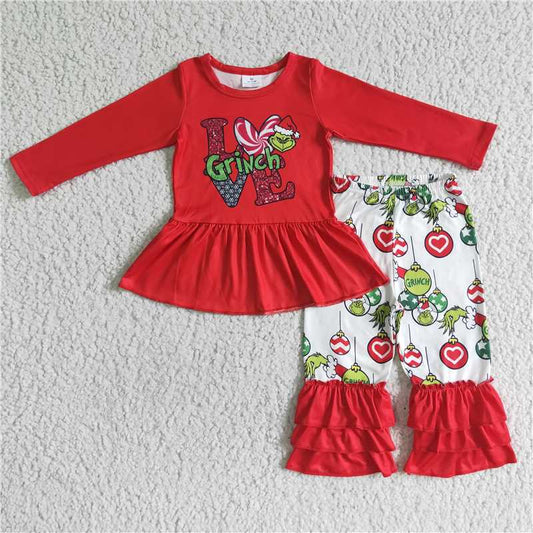6 A10-27 Christmas love green face red long sleeve pants girls set