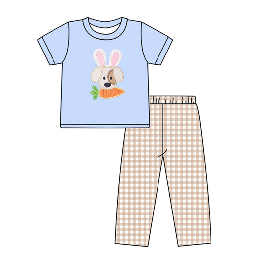 preorder BSPO0205 Easter dog rabbit carrot blue short sleeve khaki checkered pants boys set