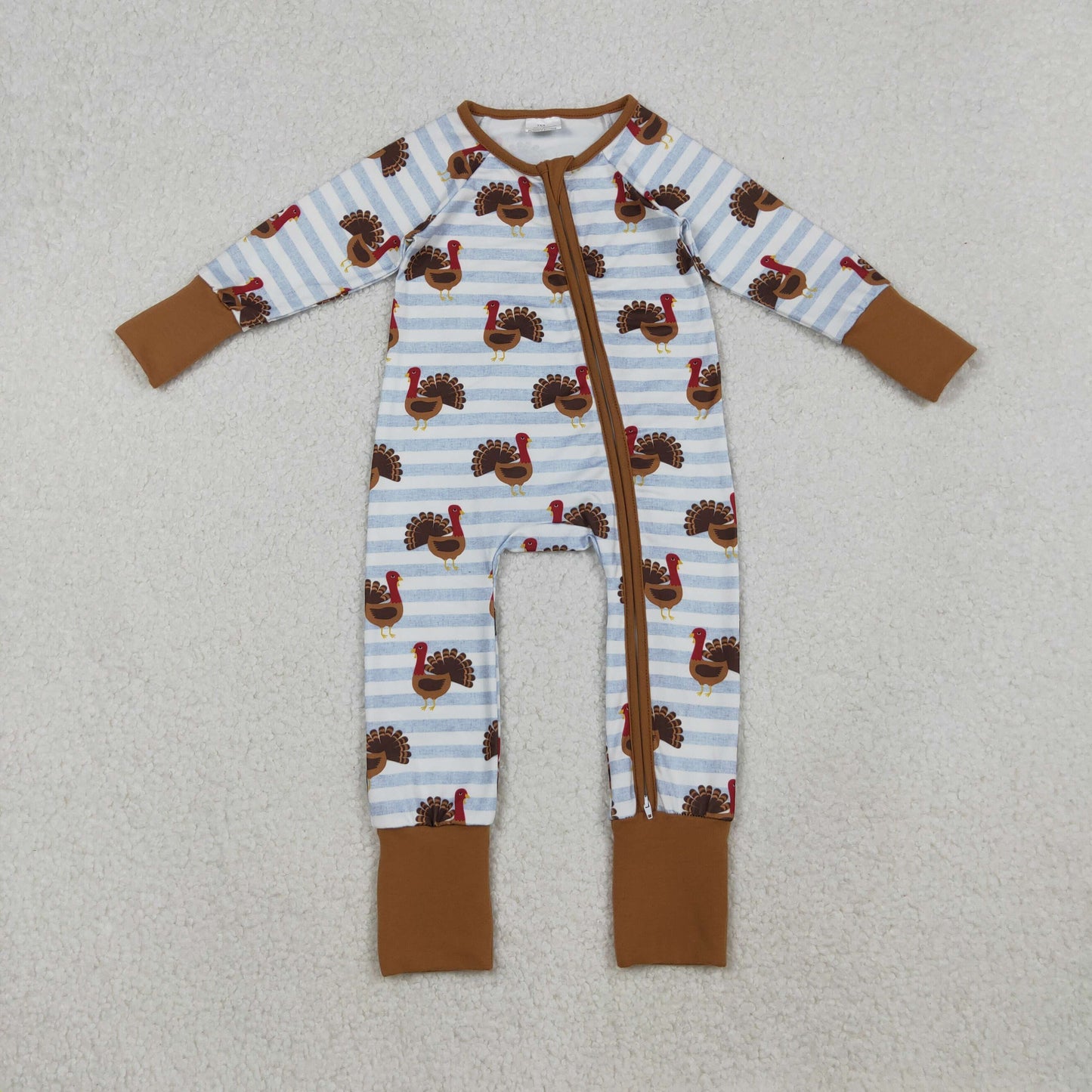 LR1191 Thanksgiving turley blue striped brown zipper long sleeve boys romper