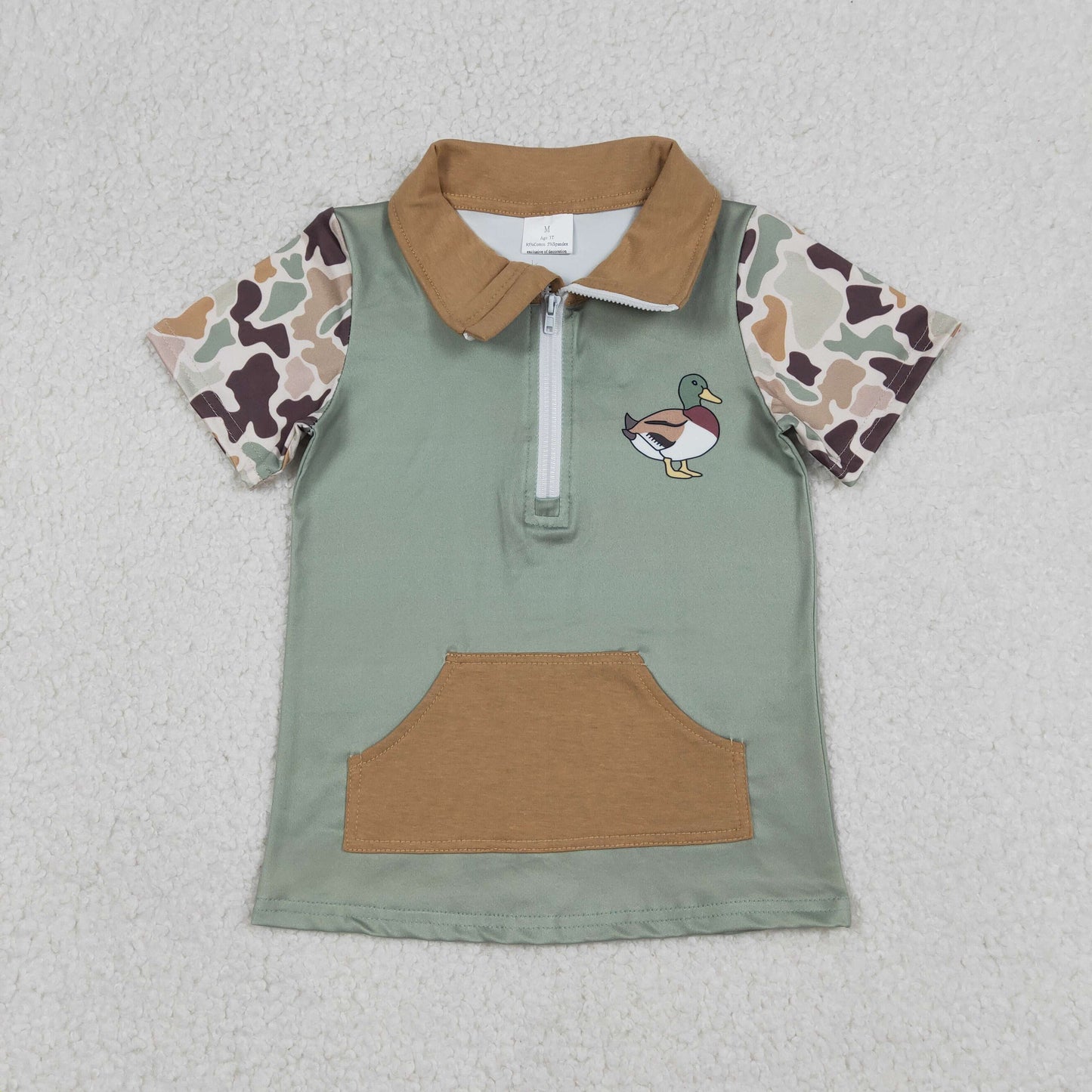 BT1530 Hunting Mallard Duck Camo Pocket Zipper Short Sleeve Boys Top