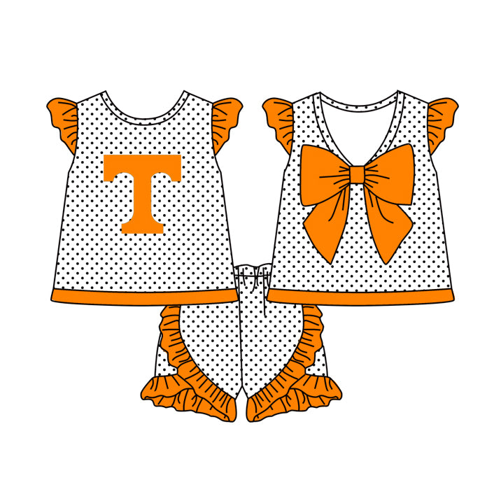 custom S Team orange flutter sleeve ruffles shorts girls set