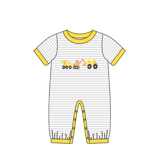 preorder SR0646 Construction truck yellow striped short sleeve boys romper
