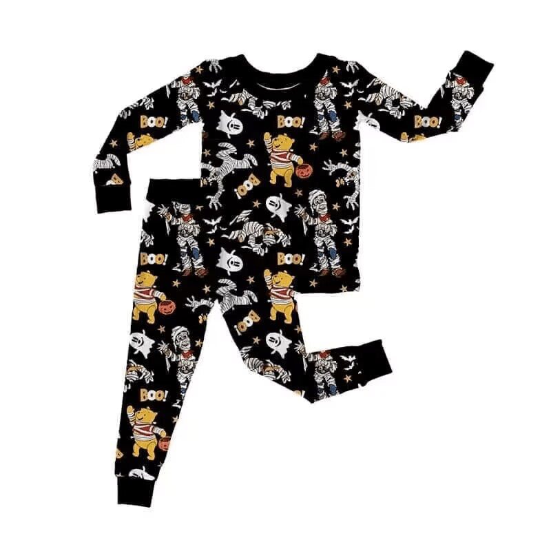 custom S Halloween boo cartoon bear spooky black long sleeve pants boys pajamas