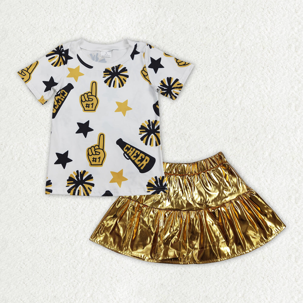 cheer star short sleeve leather skirt girls set RTS Sibling Clothes