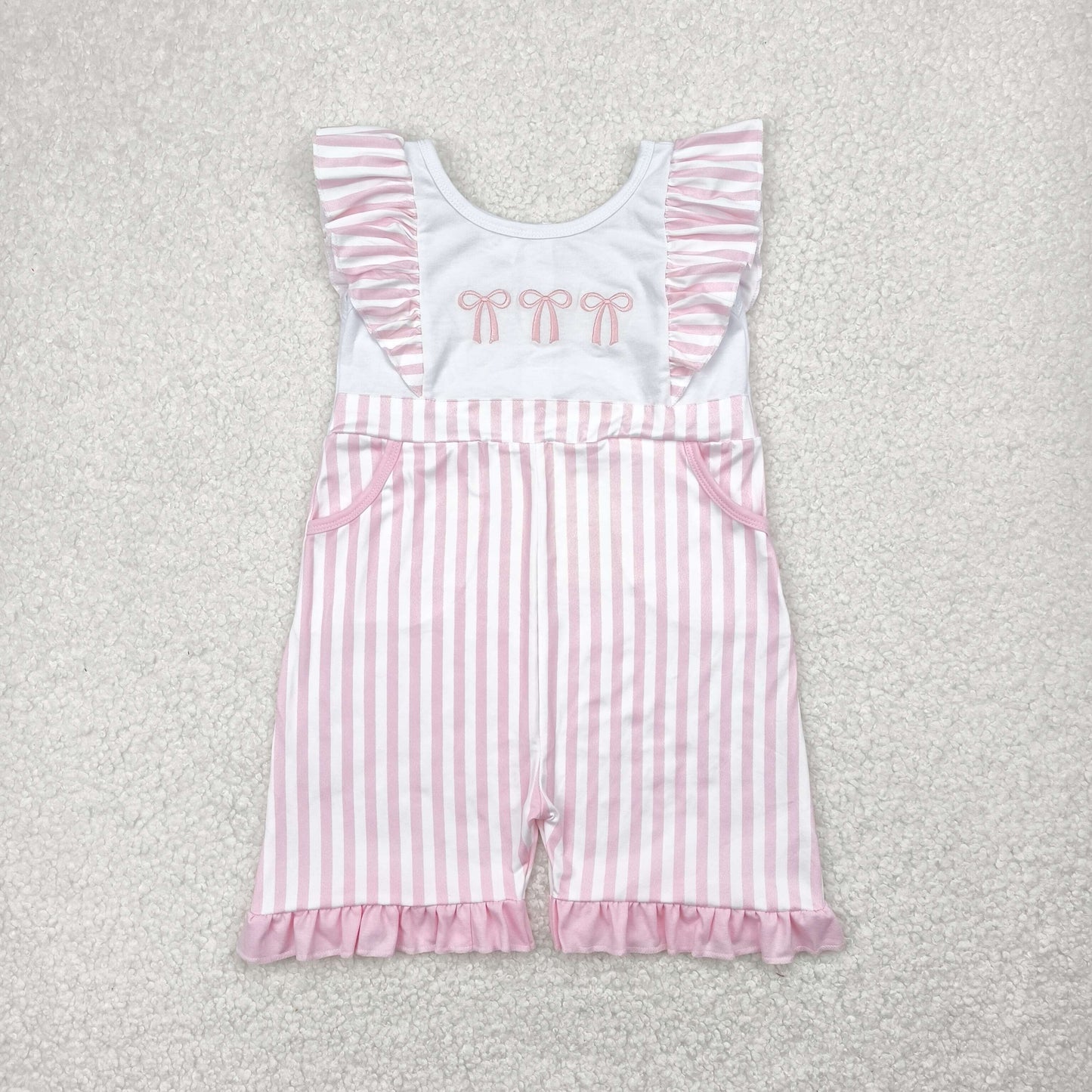 SR3025 pink bows striped flutter sleeve girls jumpsuits