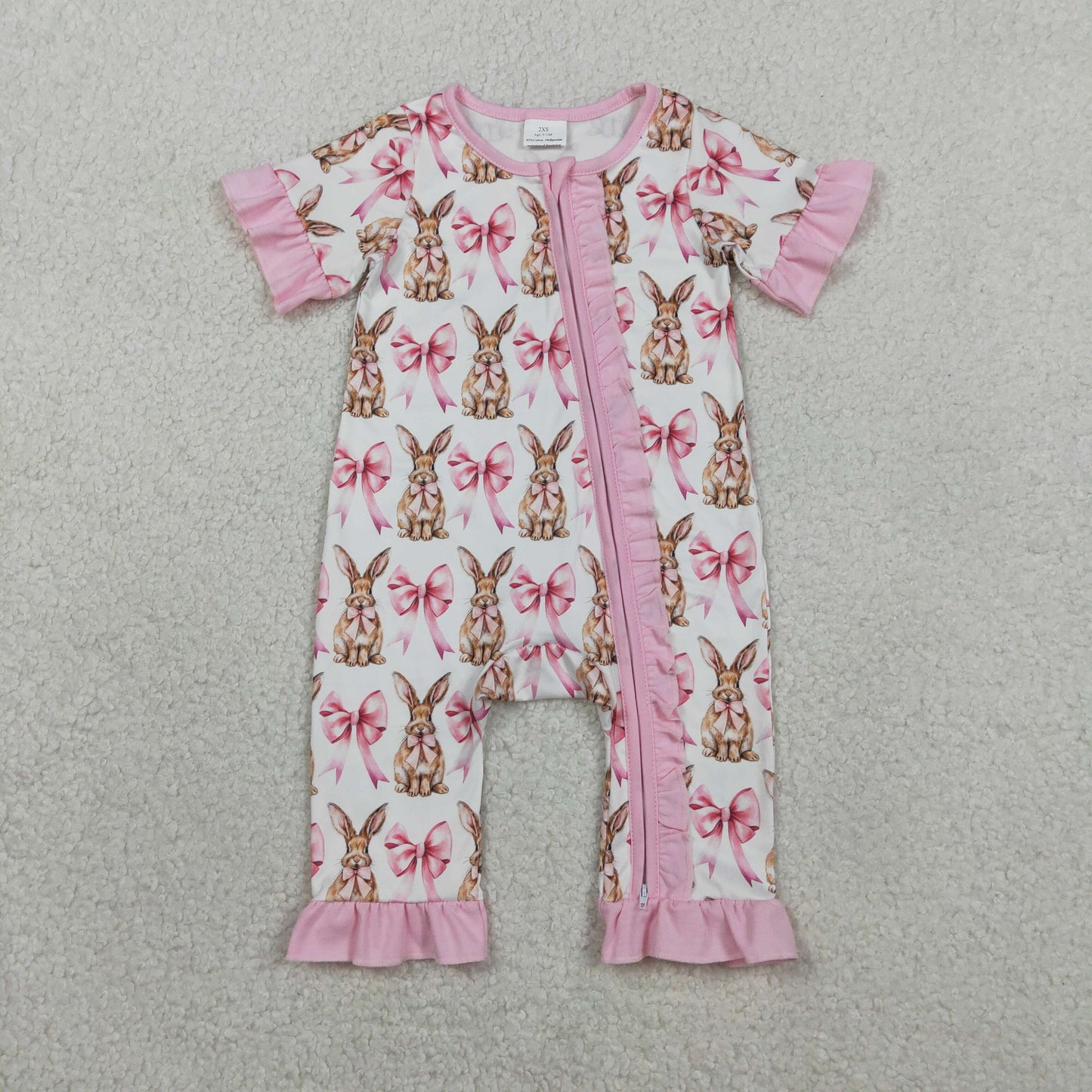 SR2020 Easter cute bunny rabbit pink bows zipper short sleeve girls romper