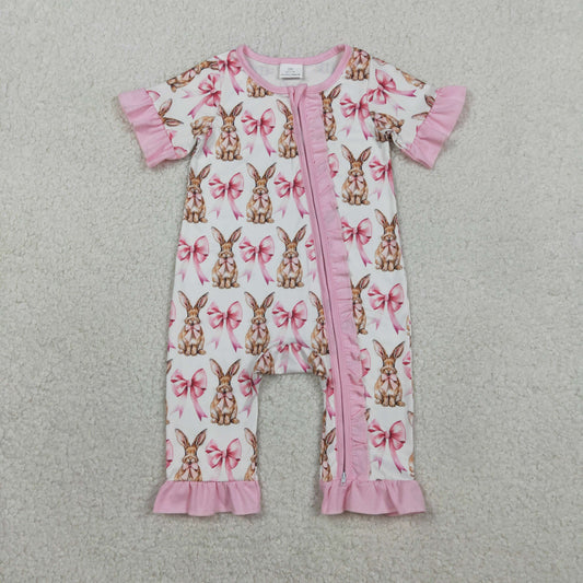 SR2020 Easter cute bunny rabbit pink bows zipper short sleeve girls romper