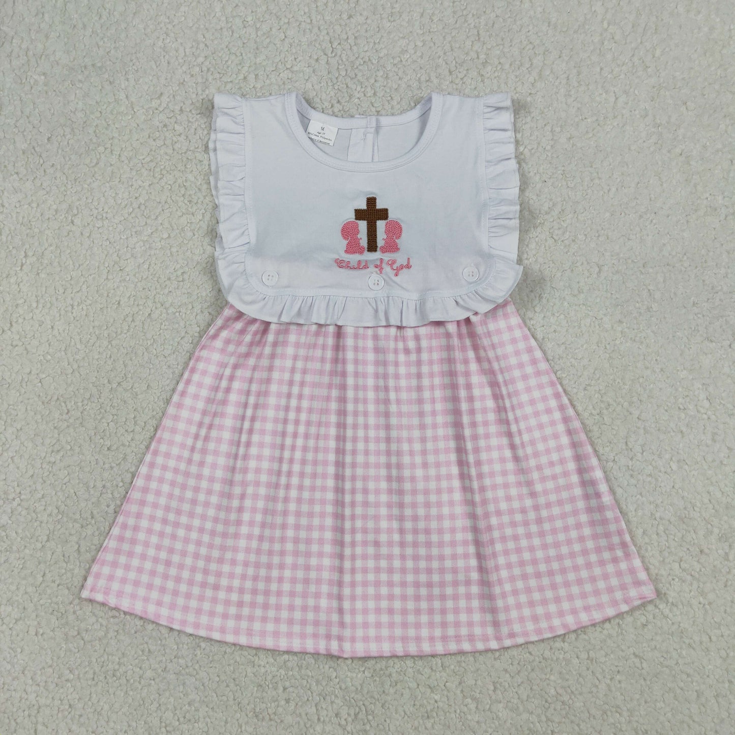 Embroidery GSD3201 Easter Cross Child Of God Pink Checkered Girls Dress