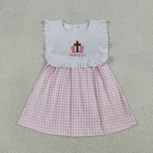 Embroidery GSD3201 Easter Cross Child Of God Pink Checkered Girls Dress