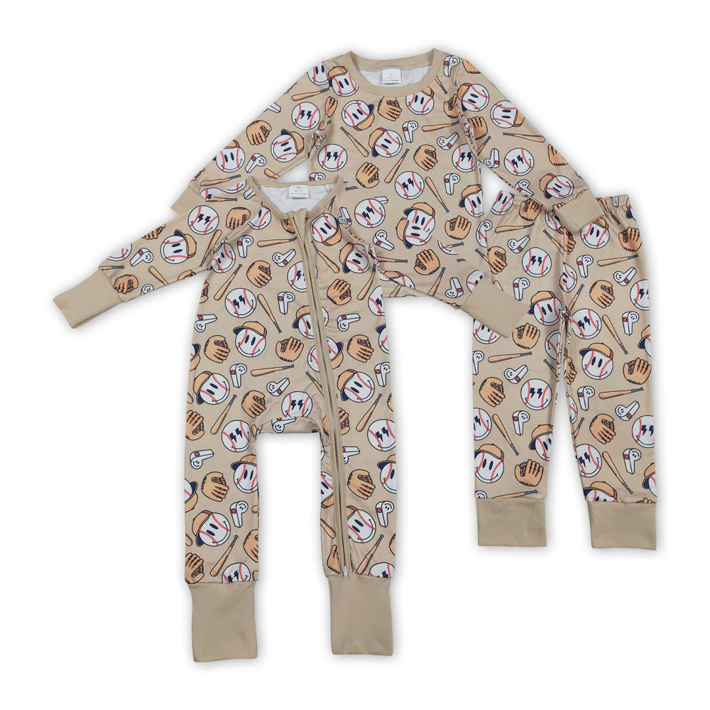 Smile Basseball Khaki Romper/Pajamas RTS Sibling Clothes