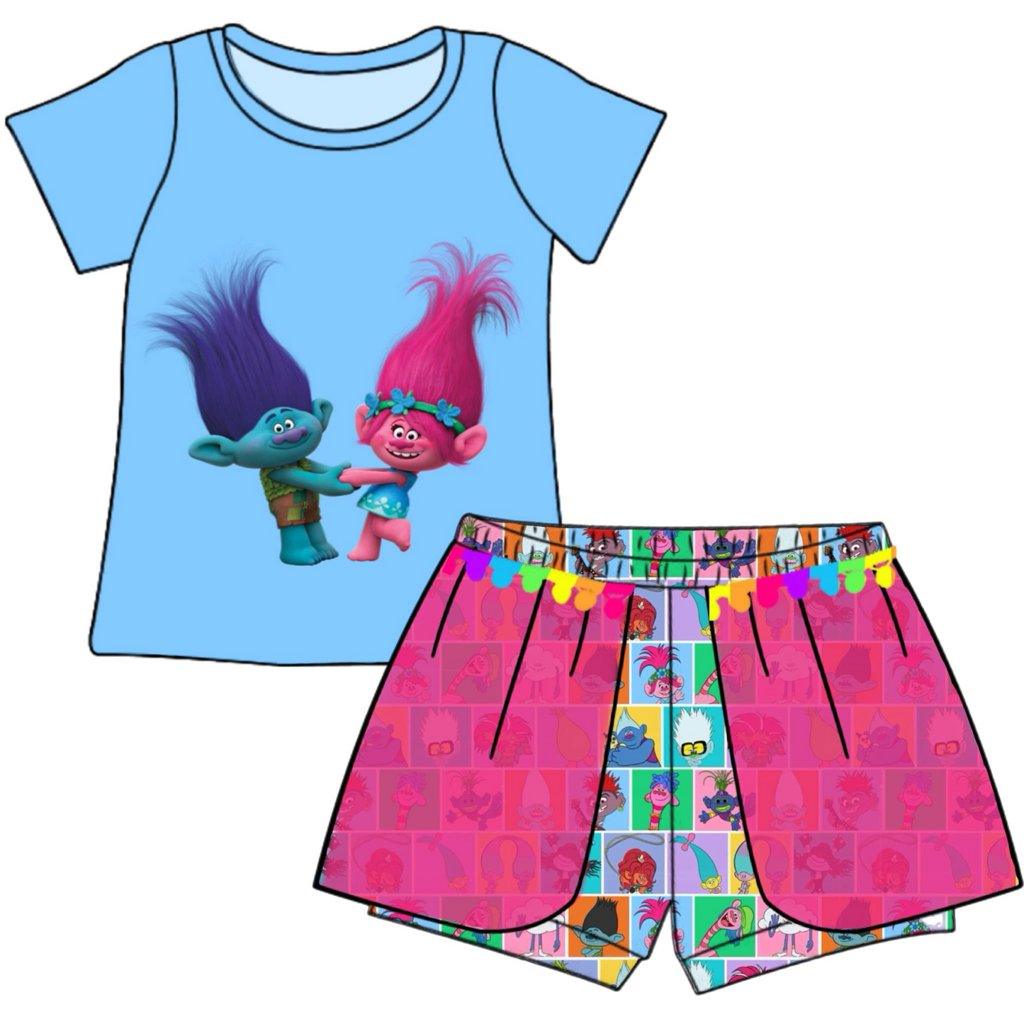 custom style cartoon long hair blue short sleeve shorts girls set tat 6-8 weeks