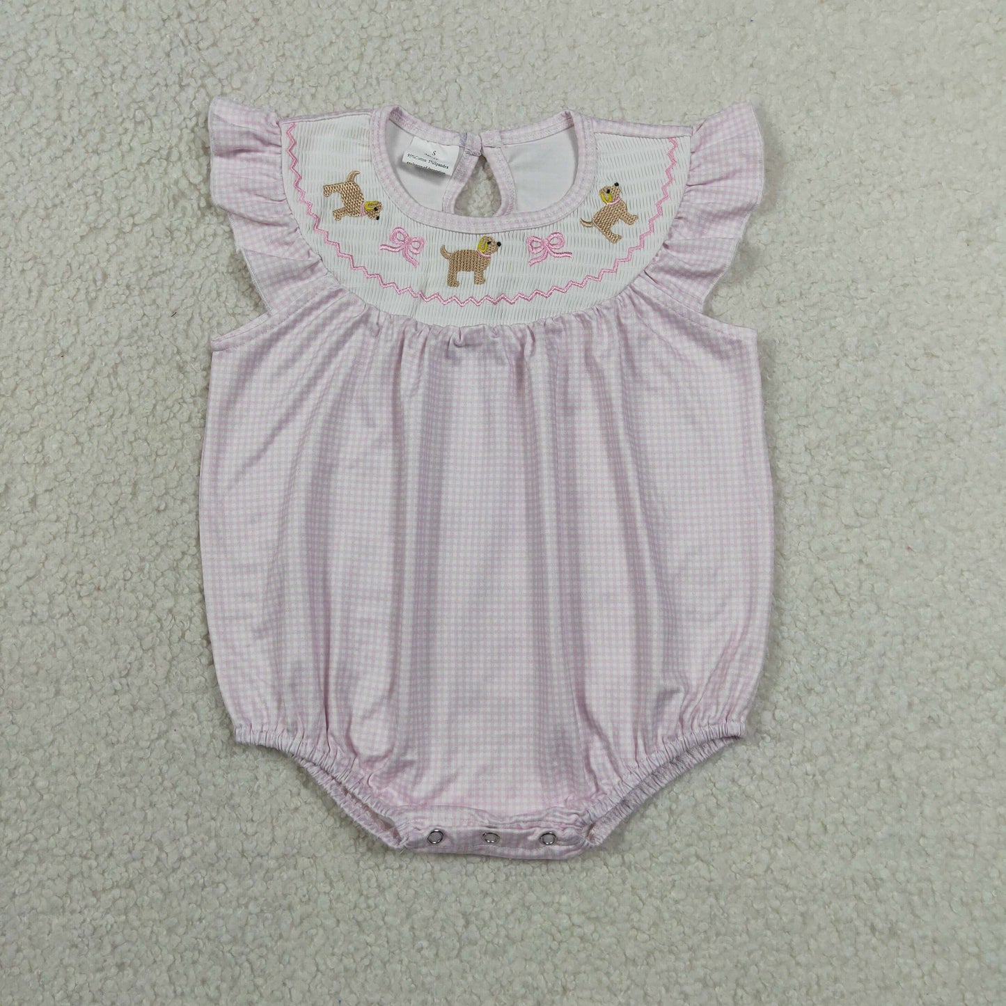 Embroidery Smocked SR3316 cute dog pink bows flutter sleeve girls romper