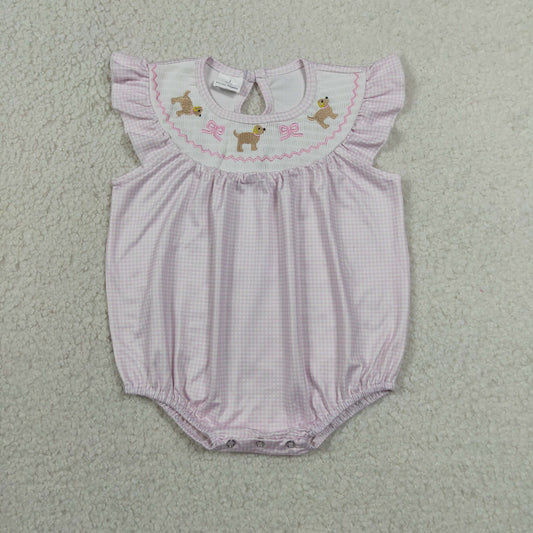 Embroidery Smocked SR3316 cute dog pink bows flutter sleeve girls romper