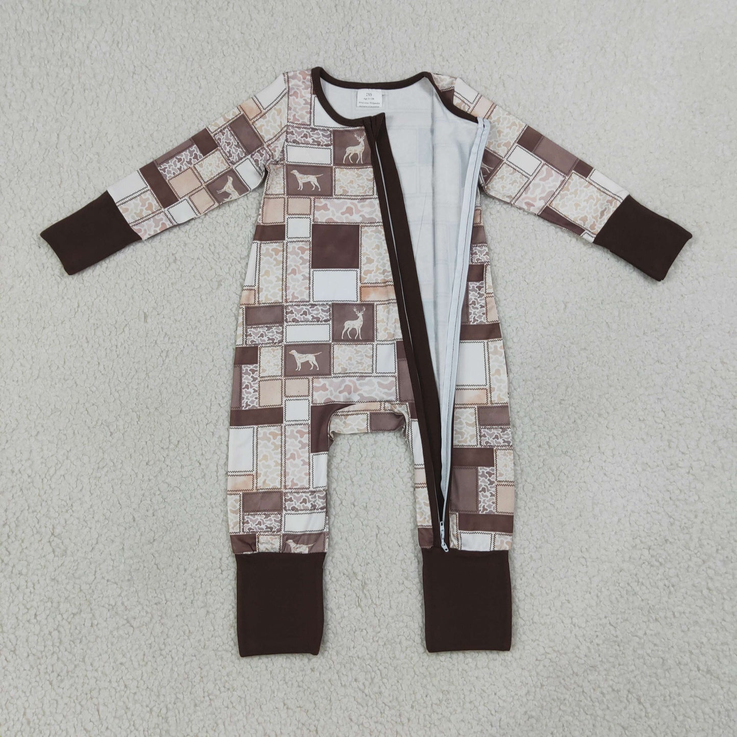 LR3118 Hunting Deer Dog Camo Zipper Long Sleeve Boys Romper