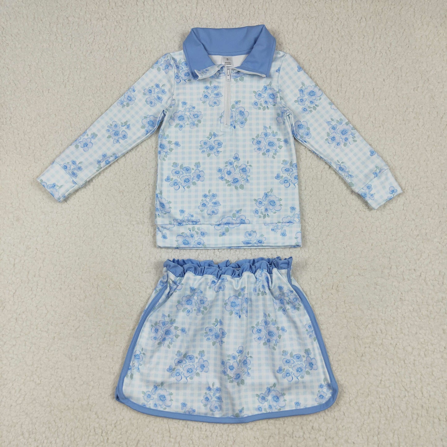 GLD1097 yoga blue flowers checkered zipper long sleeve skirt skorts girls set