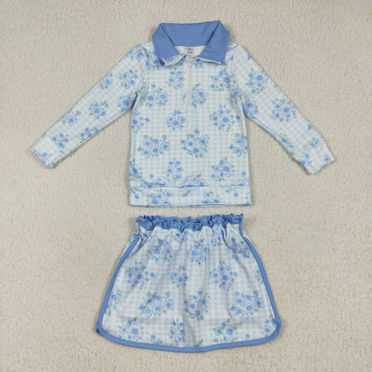 GLD1097 yoga blue flowers checkered zipper long sleeve skirt skorts girls set