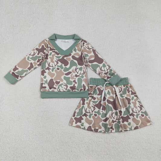 GLD1477 Hunting Camo Long Sleeve Skorts Skirts Girls Set
