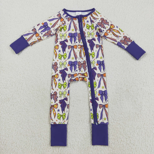 Custom moq 20 bamboo Halloween purple green orange bows long sleeve zipper girls romper