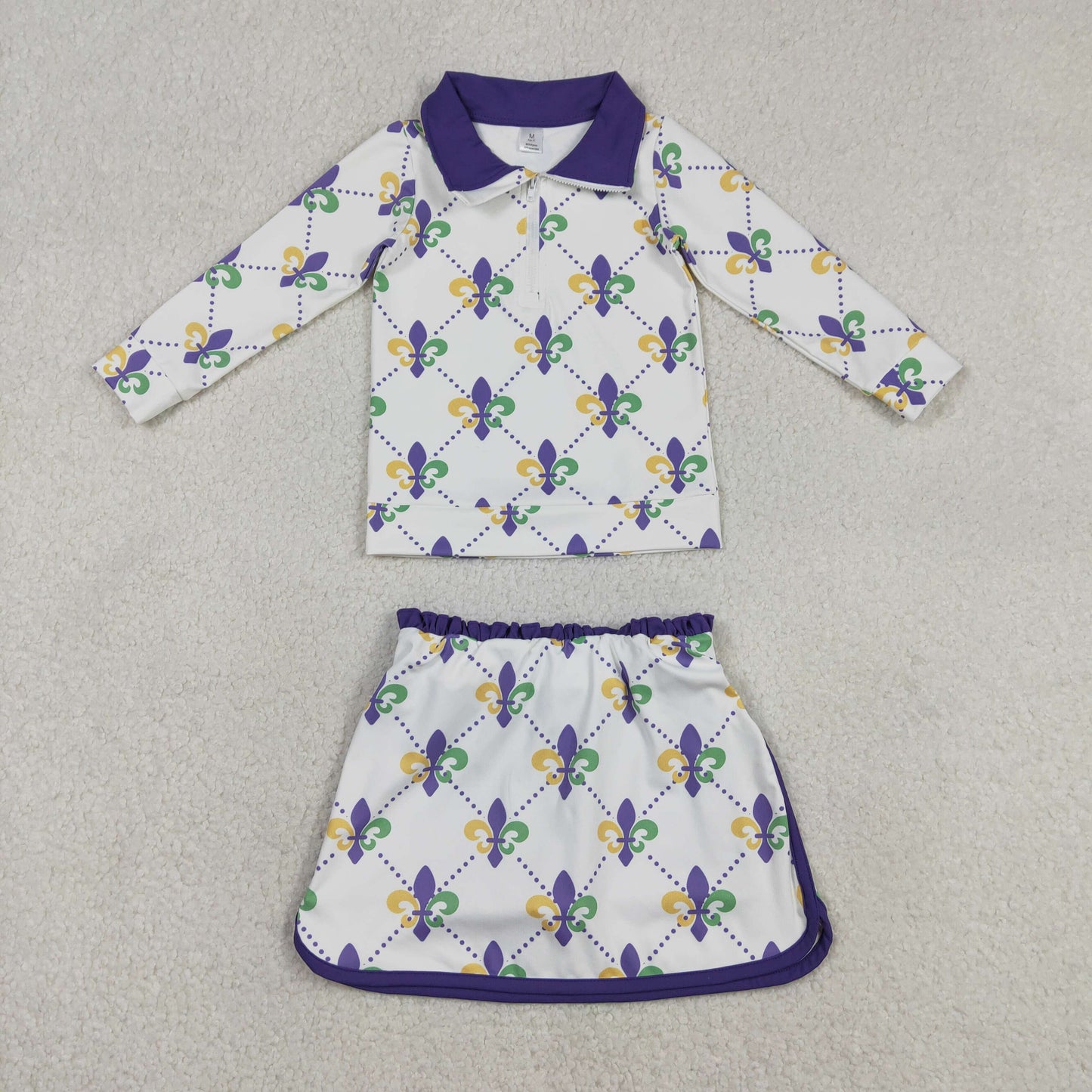 GLD1360 Mardi Gras yellow green purple zipper long sleeve skorts skirt girls set