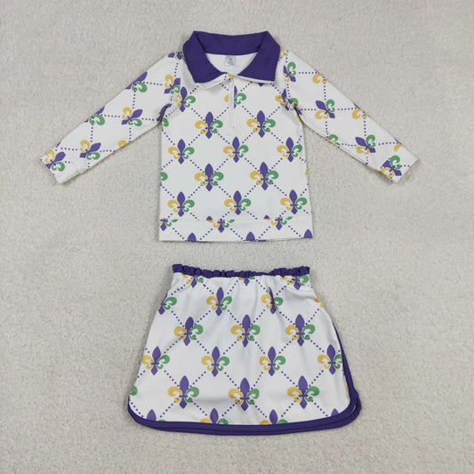 GLD1360 Mardi Gras yellow green purple zipper long sleeve skorts skirt girls set