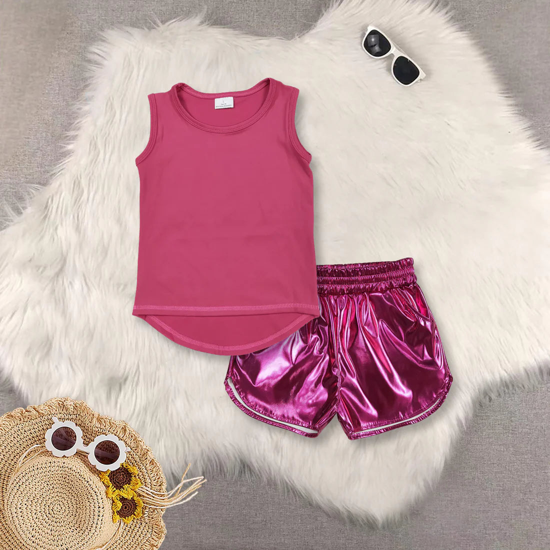 yoga hot pink sleeveelss top hot pink leather shorts girls set GT0982+SS0414