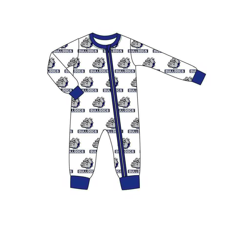 MOQ 3 Custom Football Bulldogs Blue White Long Sleeve Zipper Boys Romper