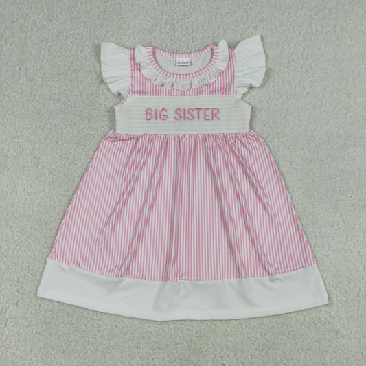 Smocked Embroidery GSD3153 Big Sister Pink Flutter Sleeve Girls Dress