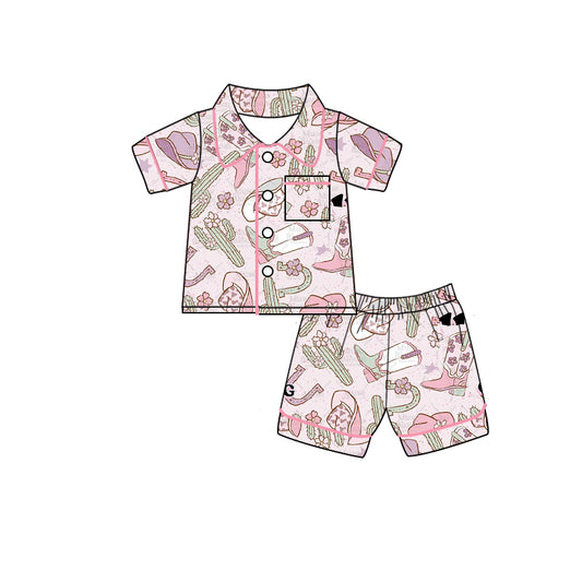 preorder GSSO0372 Western boot cactus hat pink pocket short sleeve shorts girls pajamas