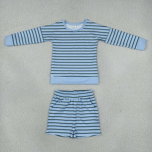 GLS0133 Blue Striped Long Sleeve Shorts Girls Set